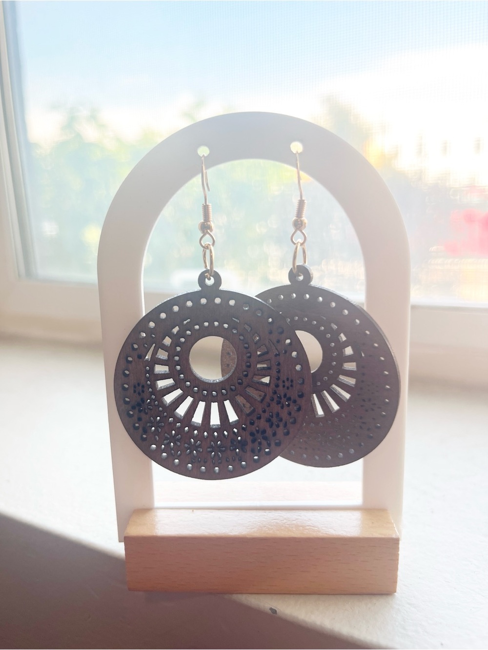 Coffee Brown Filigree Round Drop Earrings -